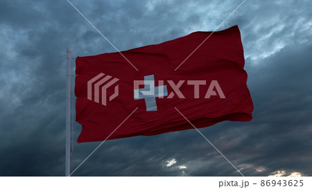 Realistic flag of Switzerland waving in the wind against deep heavy stormy sky. 3d illustration Realistic flag of Switzerland waving in the wind against deep heavy stormy sky. 3d illustration 86943625