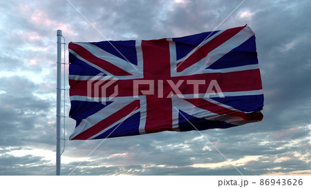 Realistic flag of United Kingdom waving in the wind against deep dramatic Sky. 3d illustration Realistic flag of United Kingdom waving in the wind against deep dramatic Sky. 3d illustration 86943626