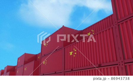 China flag containers are located at the container terminal. China export or import concept, 3d rendering China flag containers are located at the container terminal. China export or import concept, 3d rendering 86943738