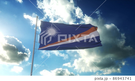 Flag of Marshall Islands waving at wind against beautiful blue sky. 3d rendering 86943741