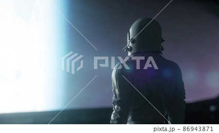 Alone astronaut in futuristic spaceship, room. 3d rendering Alone astronaut in futuristic spaceship, room. 3d rendering 86943871