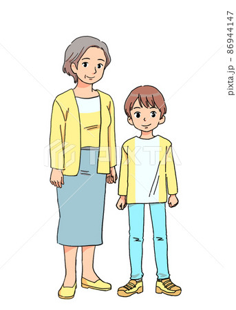 おばあちゃんと男の子の孫のイラストのイラスト素材