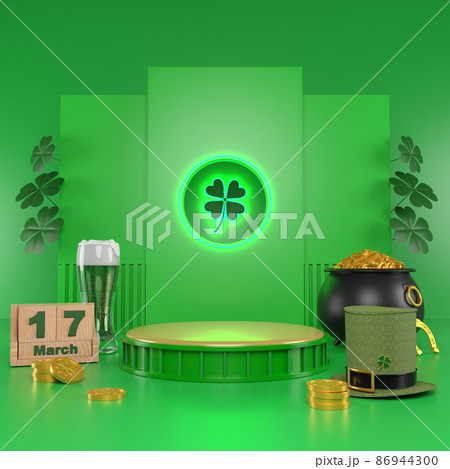 Happy St. Patrick's Day greeting Podium, beer glass and green hat on bright green background. 3d Rendering 86944300