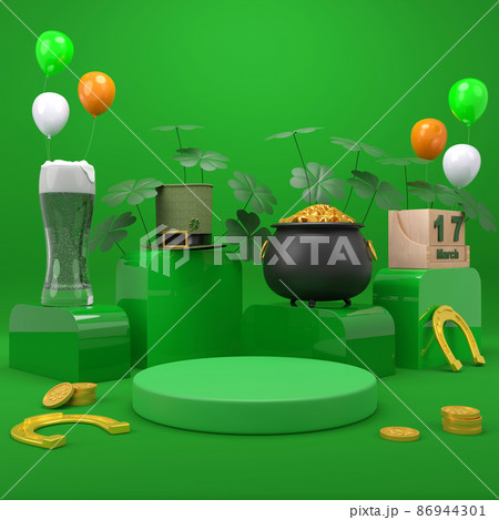 Happy St. Patrick's Day greeting Podium, beer glass and green hat on bright green background. 3d Rendering Happy St. Patrick's Day greeting Podium, beer glass and green hat on bright green background. 3d Rendering 86944301