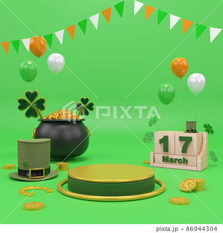 Happy St. Patrick's Day greeting Podium, beer glass and green hat on bright green background. 3d Rendering 86944304