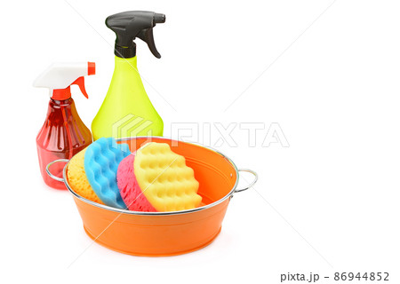 household cleaning products isolated on a white . Free space for text. 86944852
