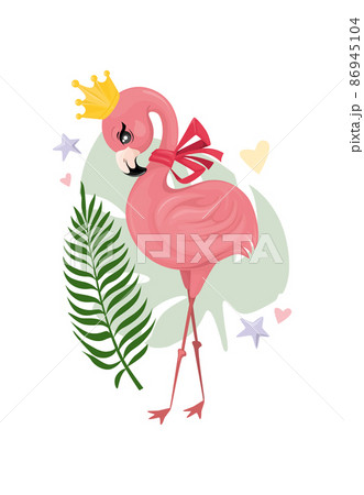 A cute cartoon poster featuring a pink flamingo wearing a crown. Princess bird. A cute cartoon poster featuring a pink flamingo wearing a crown. Princess bird. 86945104