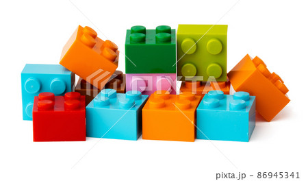 Colorful plastic toy building blocks isolated on white 86945341