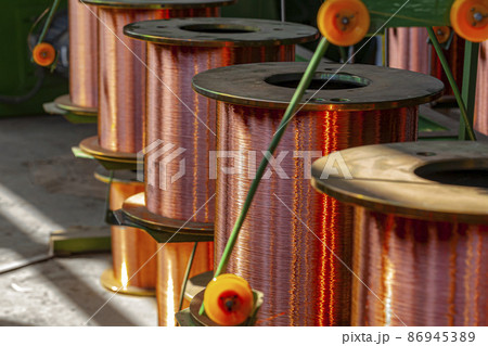 Copper wire reels in cable factory close up Copper wire reels in cable factory close up 86945389
