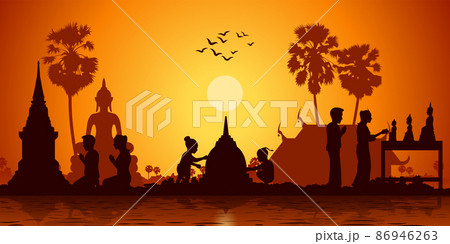 Songkran day of Thai children build sand palace,couple pay respect to buddha sculpture and dead ancestor Songkran day of Thai children build sand palace,couple pay respect to buddha sculpture and dead ancestor 86946263