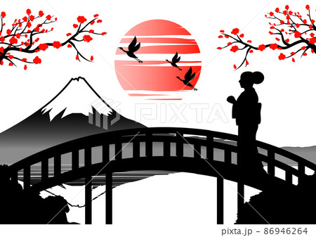japan woman in kimono dress stand on bridge near Fuji mount on sunset time japan woman in kimono dress stand on bridge near Fuji mount on sunset time 86946264
