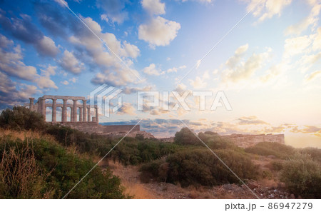 Panorama Cape Sounion against sky clouds in Greece Panorama Cape Sounion against sky clouds in Greece 86947279