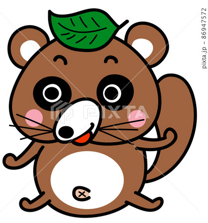 頭に葉っぱを乗せて化けようとしている元気なたぬきさんのイラスト素材 