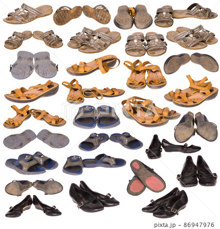 Many old boots on white Many old boots on white 86947976