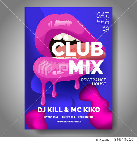 Club poster with pink lips, dance party, fluid design flyer, invitation, banner template, dj music event, vector illustration Club poster with pink lips, dance party, fluid design flyer, invitation, banner template, dj music event, vector illustration 86948010