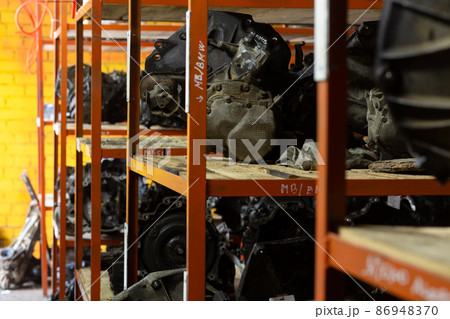 Used car parts on the store shelf. Used car parts on the store shelf. 86948370
