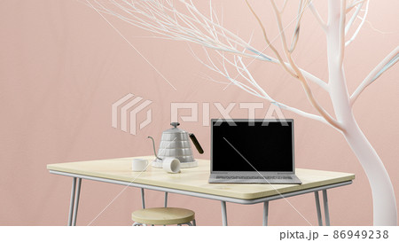 Laptop on work desk beside wall with plant beside it. Side light shadows the trees. Space for banner and logo background. 3D Render. 86949238
