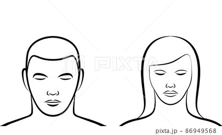 Man and woman meditating. Symbols for a practice and technique, such as mindfulness, or focusing the mind on an object, thought, or activity, to train attention and awareness and achieve a clear mind. Man and woman meditating. Symbols for a practice and technique, such as mindfulness, or focusing the mind on an object, thought, or activity, to train attention and awareness and achieve a clear mind. 86949568