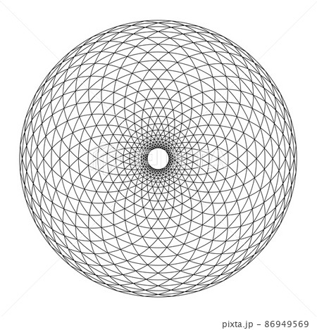 Circle with triangle Fibonacci pattern. Circular area, formed by arcs, arranged in spiral form, crossed by circles, creating bend triangles, with a small circle in the center, like a pine cone shape. Circle with triangle Fibonacci pattern. Circular area, formed by arcs, arranged in spiral form, crossed by circles, creating bend triangles, with a small circle in the center, like a pine cone shape. 86949569