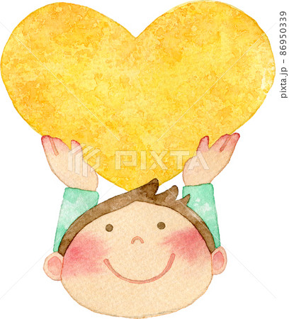 ハートを持ち上げる男の子のイラスト(黄色) 86950339