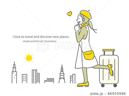 憧れの海外旅行で感激する若い女性 モダンな都市 シンプルでお洒落な線画イラストのイラスト素材