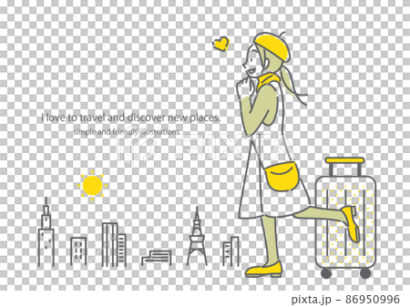 憧れの海外旅行で感激する若い女性　モダンな都市　シンプルでお洒落な線画イラスト 86950996
