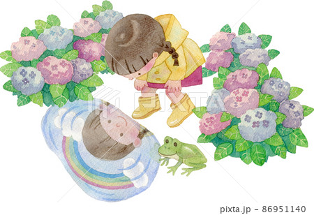 水溜まりをのぞく女の子のイラスト(紫陽花付き) 86951140