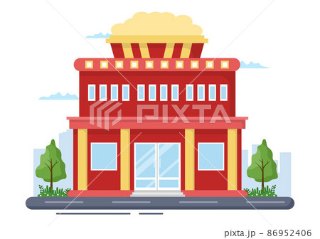 Cinema Building or Movie Theater for Modern Entertainment Industry, Relaxation, Watching a Film and Show in Flat Design Background Illustration 86952406