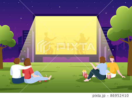 Cinema Movie Night with Sound System to Watching Film on Outdoor Big Screen in Flat Design Background Illustration for Poster or Banner 86952410