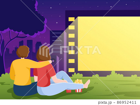 Cinema Movie Night with Sound System to Watching Film on Outdoor Big Screen in Flat Design Background Illustration for Poster or Banner 86952411