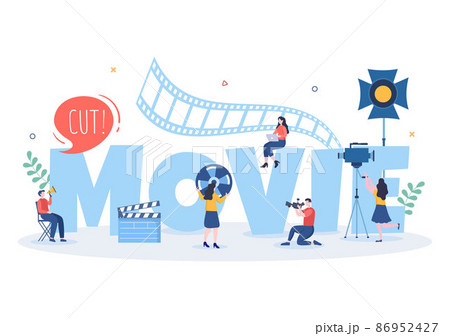 Movie Studio with Camera Crew Team People, Directur, lights, Microphone on Scene Shooting Location for Making Film in Flat Design Background Illustration Movie Studio with Camera Crew Team People, Directur, lights, Microphone on Scene Shooting Location for Making Film in Flat Design Background Illustration 86952427