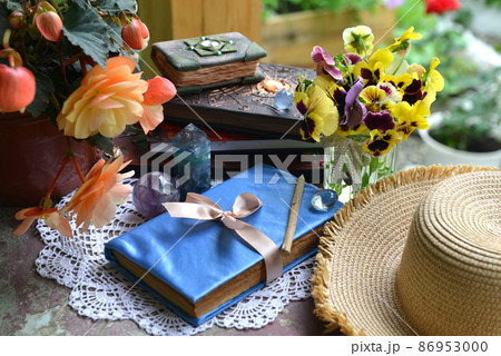 Summer still life with old decorated book, crystal stines and beautiful flowers in pots outside in the garden.  Vintage background with plants, home hobby still life  86953000