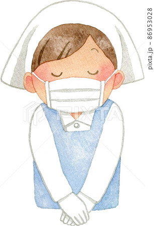 お辞儀をする三角巾とエプロンを付けたの女性のイラスト(マスク) 86953028