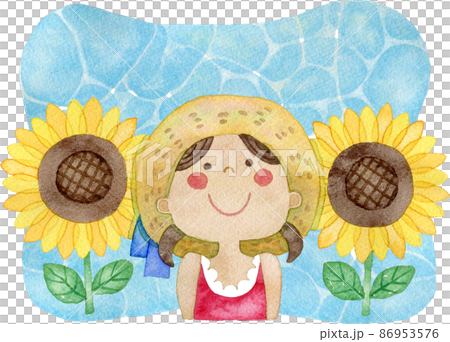 一個微笑的女孩和一朵向日葵的插圖（有背景） 86953576