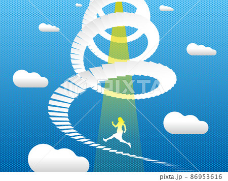 光に導かれて長い階段を登り続ける女性 横 光に導かれて長い階段を登り続ける女性 横 86953616
