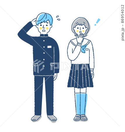 困った表情の学生服を着た男女 86954012