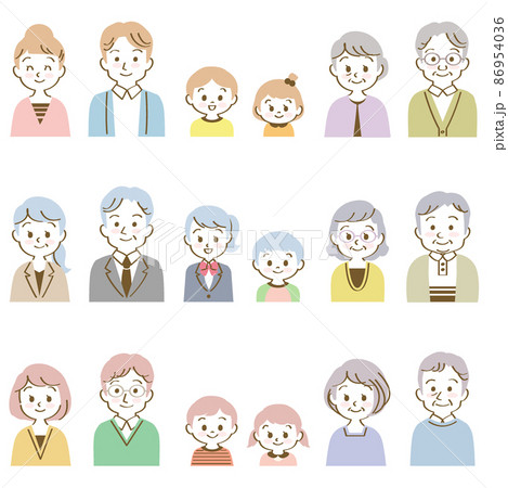 イラスト素材セット：笑顔で正面を向いた3組の3世代家族（バストアップ/手描き風パステル） 86954036