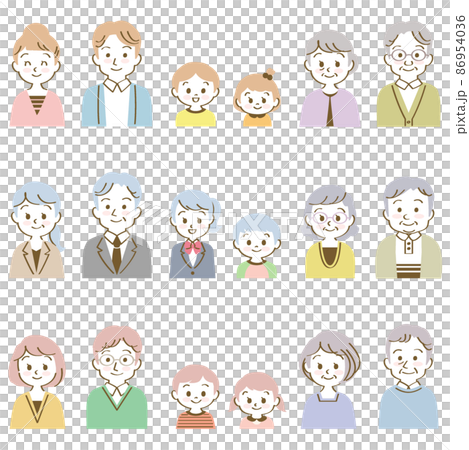 イラスト素材セット：笑顔で正面を向いた3組の3世代家族（バストアップ/手描き風パステル） 86954036