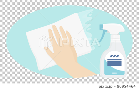 アルコール除菌スプレーで拭き掃除をしている手のイラストのイラスト素材