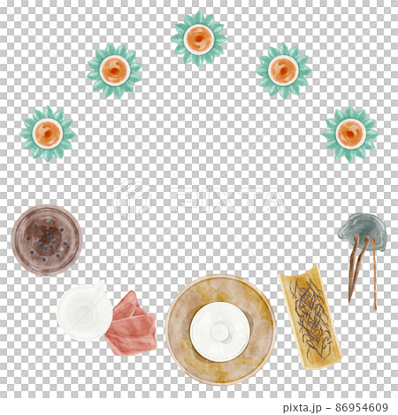 Chinese tea party tools hand drawn watercolor style illustration 86954609