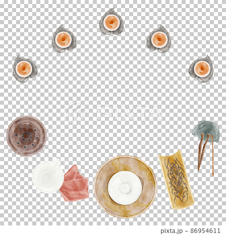 Chinese tea party tools hand drawn watercolor style illustration Chinese tea party tools hand drawn watercolor style illustration 86954611