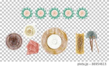 Chinese tea party tools hand drawn watercolor style illustration 86954613