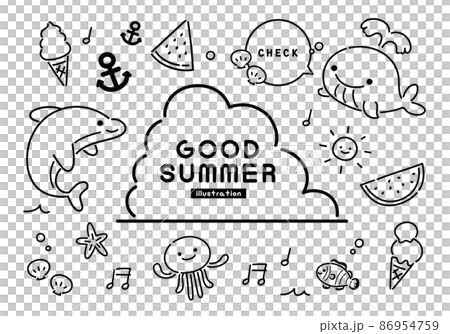可愛的夏季矢量插圖集黑白線條畫 86954759