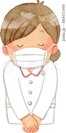 お辞儀をするマスクの女性看護師のイラスト 上半身 のイラスト素材