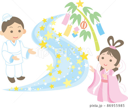 天の川を挟んだ織姫彦星_七夕笹飾り入り 86955985