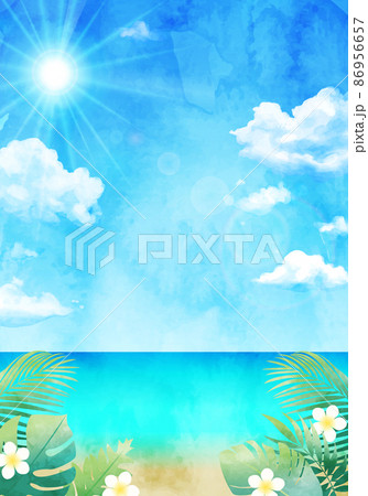 青空と南国の植物の水彩イラスト背景(リゾート,夏,旅行) 86956657