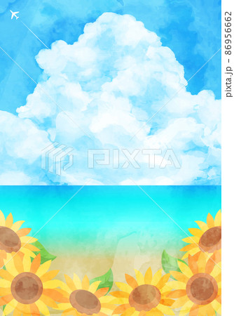 ♡たまみな♡水彩画　ひまわり畑と入道雲　値段は※900円です ひまわり畑と海と青空と入道雲の夏の水彩のベクターイラスト背景の