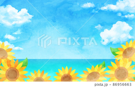 ひまわり畑と青空の夏の水彩のベクターイラスト背景のイラスト素材