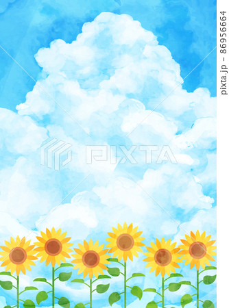 ひまわり畑と青空と入道雲の夏の水彩のベクターイラスト背景のイラスト素材