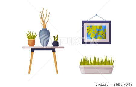 Cozy room decoration elements set. Small wooden table, picture and houseplant vector illustration Cozy room decoration elements set. Small wooden table, picture and houseplant vector illustration 86957045